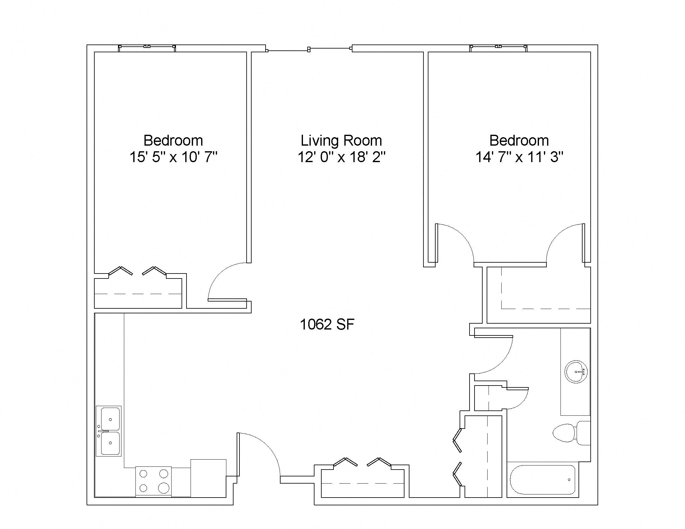 Floor plan for 2 beds, 1 bath, 1088 sqft